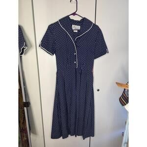 Vintage Jo Lester Navy Blue Dress with White Detail